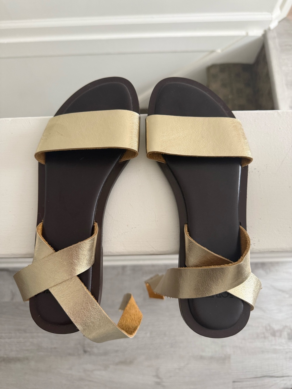 J. Crew Gold Metallic Leather Slide Sandals with Cross Straps